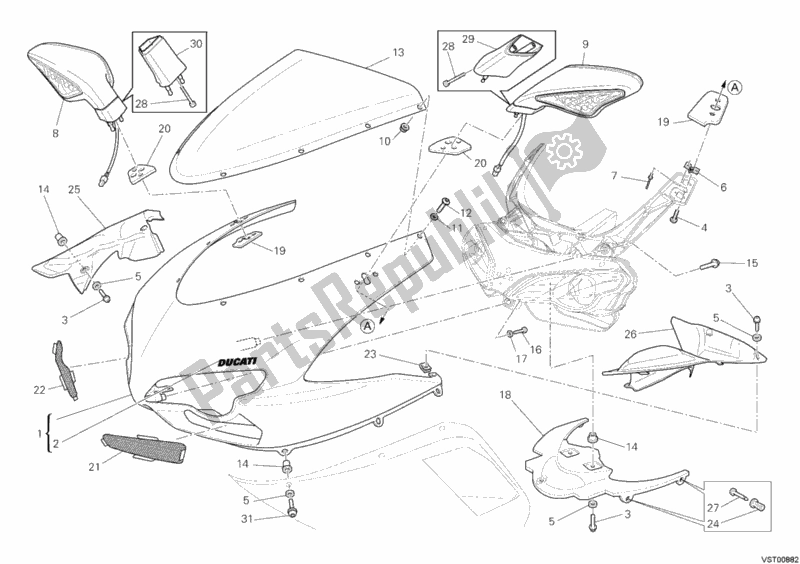 Alle onderdelen voor de Motorkap van de Ducati Superbike 848 USA 2010